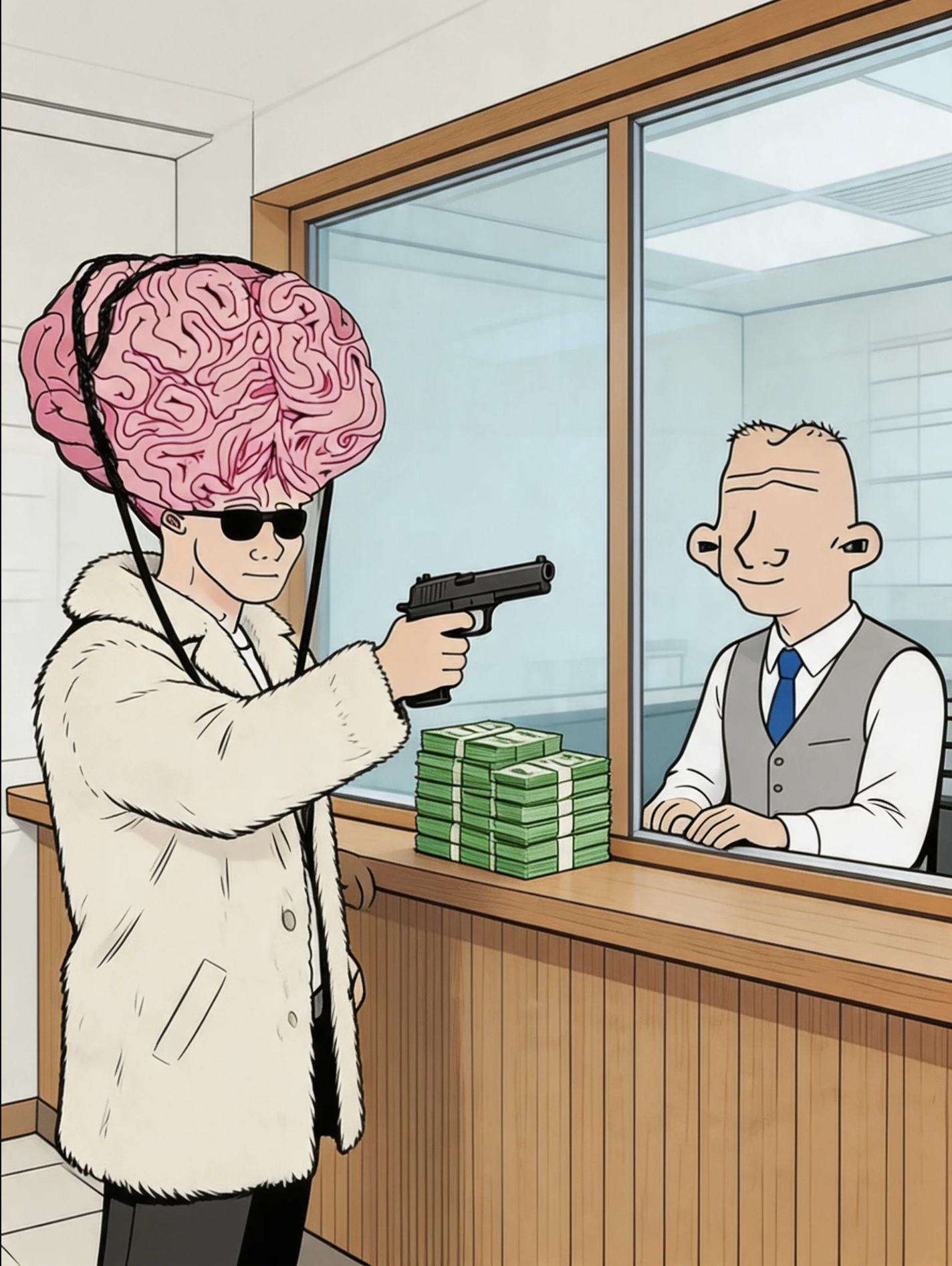 brain wojak robbing a bank